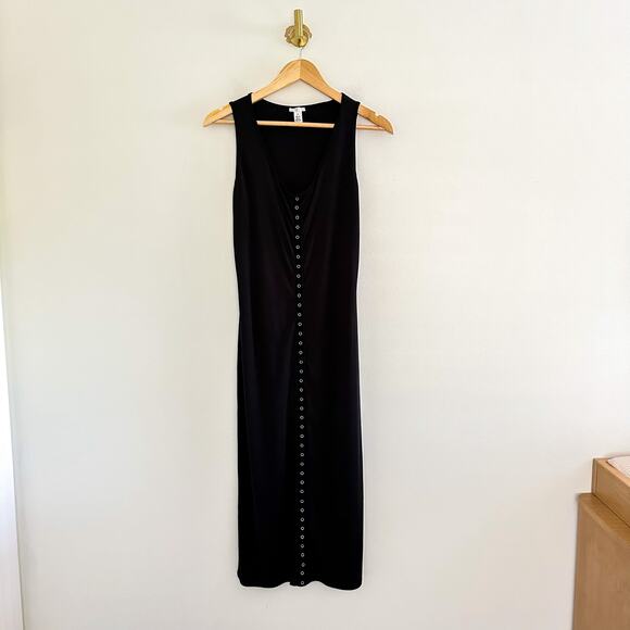 BP. Snap Front Sleeveless Ribbed Bodycon Scoop Neck Midi Tank Dress Black M - Picture 2 of 8